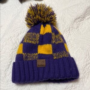 C.C Women’s Purple and Yellow Pom-Pom Beanie